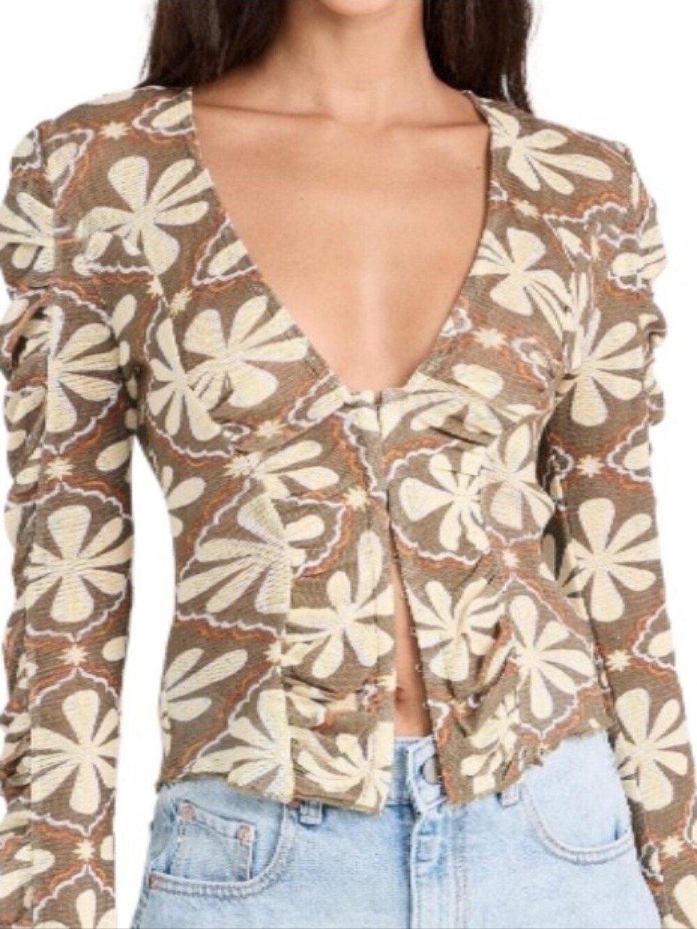 Free People Through The Meadow Floral Knit Mesh V-Neck Top